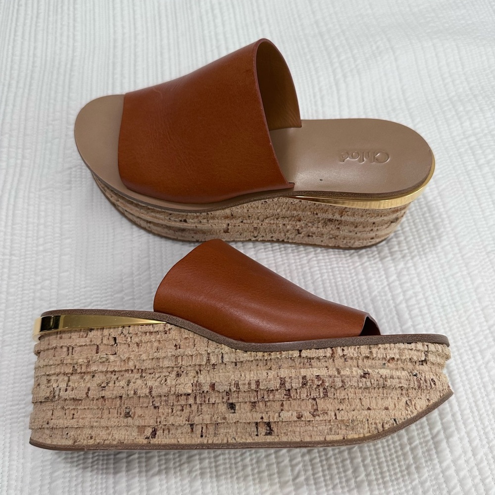 Chloe Tan and Gold Platform Slides